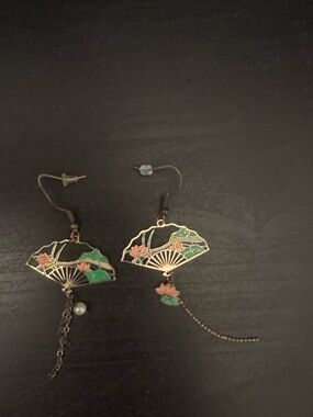Vintage-Inspired Enamel Fan Earrings in Black, Green & Pink